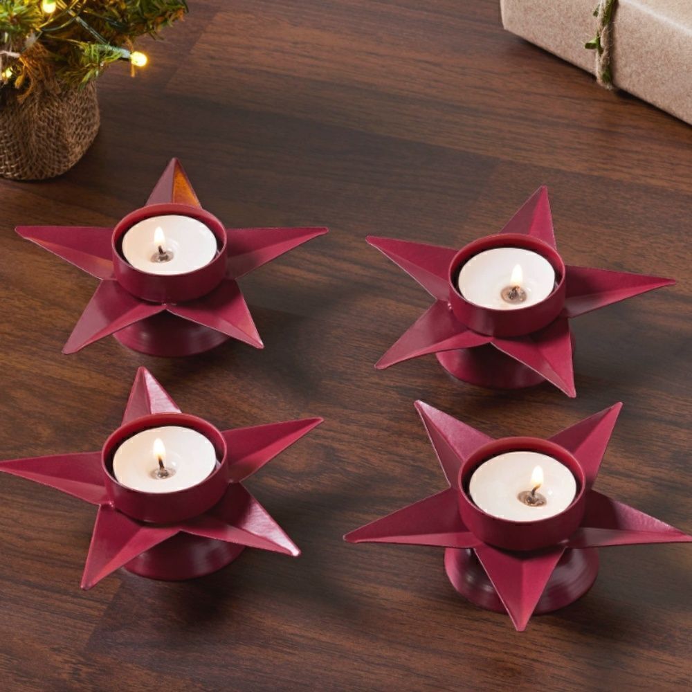 Christmas Star Metal Barn Red Tealight Candle Holders Set of Four Farmhouse…